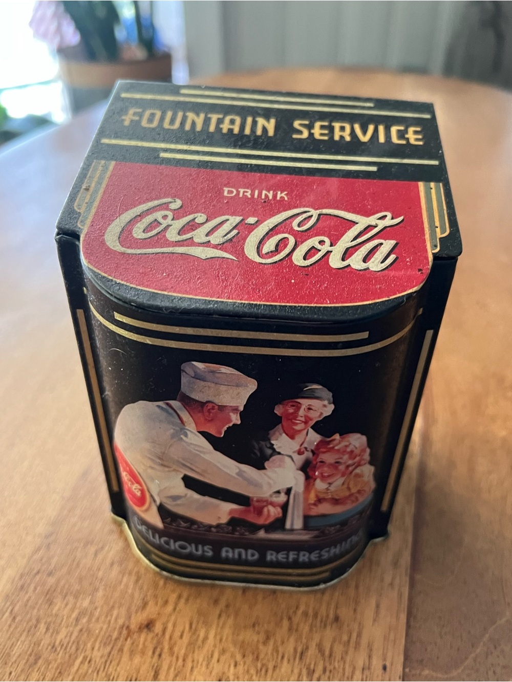 Vintage 1995 Coca-Cola Fountain Service Tin Box Co Slanted Slope Hinged Lid